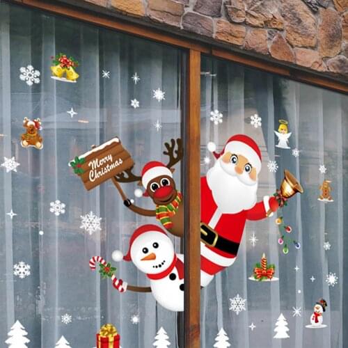 Christmas Window Stickers Merry New Year Cartoon Snowflake Santa Claus Elk Stickers Home Mall Decoration Removable Wall Stickers