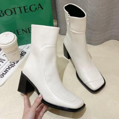 European and American Fashion Square Toe Zipper Women Boots High Heels Shoes Women 2021 New Pu Leather Elegant Mid-Calf Boots