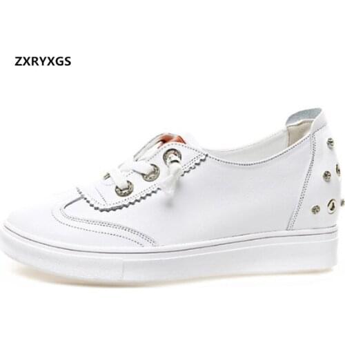 2020 New Fashion Lace-up Cowhide Autumn White Shoes Woman Casual Sneakers Comfort Increased Within Wedges Heel Shoes Women Shoes