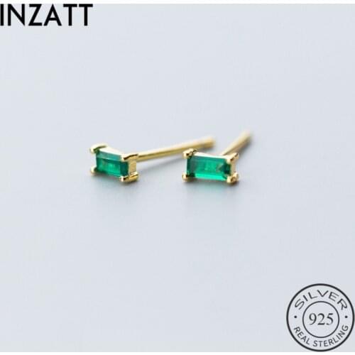 INZATT Minimalist Stud Earrings For Women party Geometric Square Green Zircon Gold Color 925 Sterling Silver Fine Jewelry