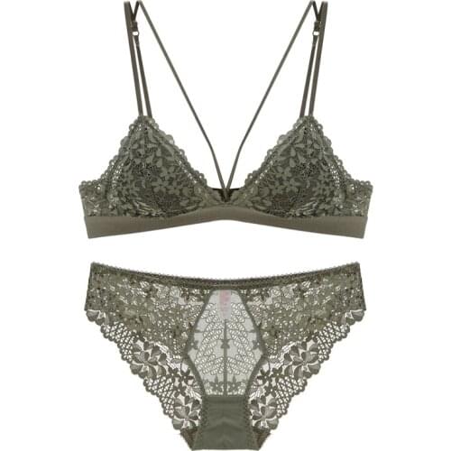 Bra & Brief Sets Lace Bralette With Bra Inserts Pad Sexy Deep V Triangle Cup Bra and Panties Set Underwear Women Lingerie 2019