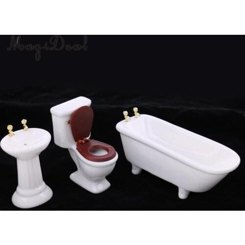 3Pcs/Set White Ceramic Bathroom Bathtub for 1/12 Scale Dollhouse Miniature Furniture Decor Kids Role Play Toys