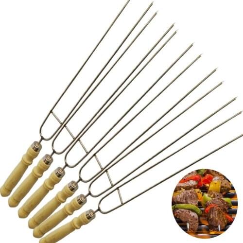 BBQ Skewers Barbecue Meat Fork Wooden Handle Skewer Long Grill Sticks Outdoor Camping BBQ Stainless Steel Tools 4/6/12pcs 39cm