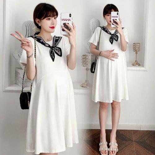 6721# Summer Thin 80% Cotton Maternity Dress Elegant A Line Loose Tees Clothes for Pregnant Women Soft Breathable Pregnancy Wear