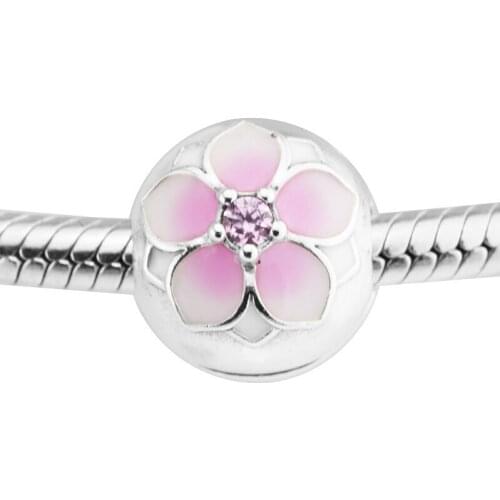 Magnolia Bloom Clip Beads for Silver 925 Original Charms Bracelets Women DIY Pink Enamel Flower Charm Beads for Jewelry Making