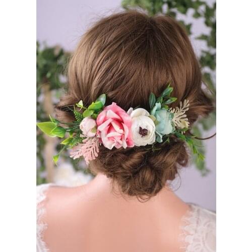 Flower Crown Pink Rose Hair Comb Beautiful Headwear Woodland Wedding Bridal Ornaments for Elegant Lady or Flower Children