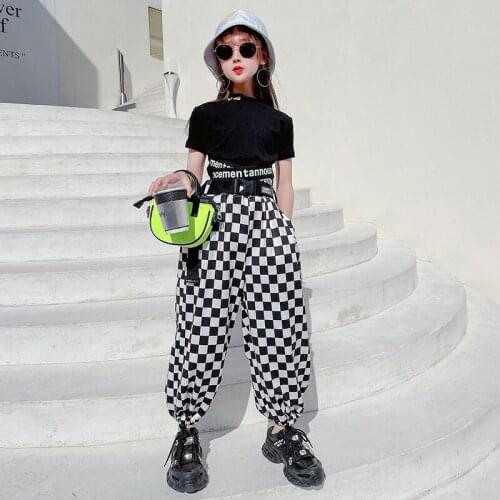 Kids Hip Hop Clothing Checkered Crop Top Short Sleeve Ballroom Streetwear Plaid Jogger Pants For Girls Jazz Dance Costume XS2238