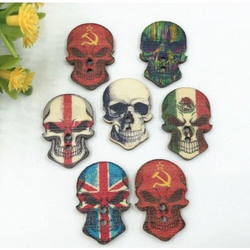 DIY 100pcs Wooden Buttons Flag pattern Skull Mixed Sewing Scrapbooking Crafts 28mm