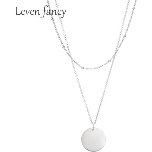 Double Layer Satellite Chain Choker with Round Pendant Necklace Real 925 Sterling Silver Jewelry Disc Charm Necklace for Women