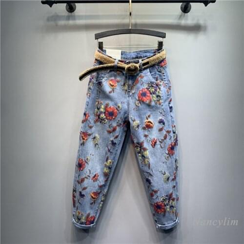 Loose Jeans Women Summer Autumn New Harem Pants Fashion Flower Print Casual Denim Pants Blue Black Nancylim