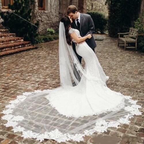 Elegant 3M Long Cathedral Wedding Veils With Applique Trim Soft Tulle One Layer Bridal Veil Wedding Accessories With Combs