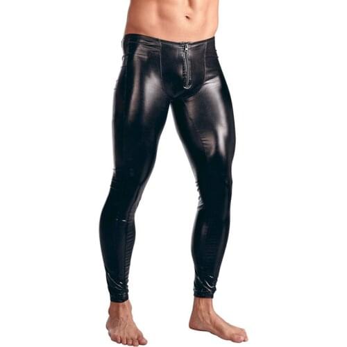 Gothic Mens Skinny Faux Leather Tight Pants Men Sexy Flat Front Zipper Dance Club Leggings Black Wetlook PVC Long Trousers XXL