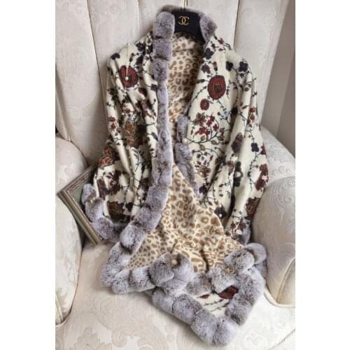 Cashmere Cape with Real Rex Rabbit Fur Trimmed Shawl Wraps for Women Leopard Print Cheetah Color Scarf