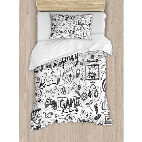 Video Games Duvet Cover Set Monochrome Sketch Style Gaming Design Racing Monitor Device Gadget Teen 90s Decor 4pcs Bedding Set