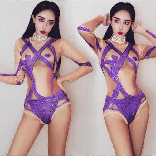 Jazz Dance Costume Sexy Nightclub Bodysuit Rhinestone Printing Dj Gogo Pole Dance Jumpsuit Stage Performance Clothing DWY1816