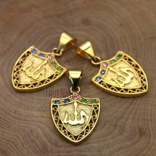 Copper Charm Islamic Pave Full Colour Crystal Beads Micro Pave Pure Gold Color Allah Shield Pendant In 20*28 mm PM6978