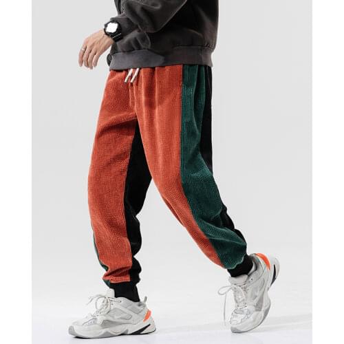 2020 Mens Corduroy Fabric Casual Pants Loose Haren Pants Active Elastic Trousers Orange/black Joggers Sweatpants Big Size M-5XL