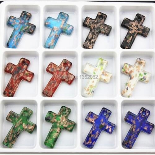 Wholesale 12pcs/lot Mixed Color Unique Lampwork Murano Art Glass Cross Charms Pendant Necklace for men womens Gift MC24