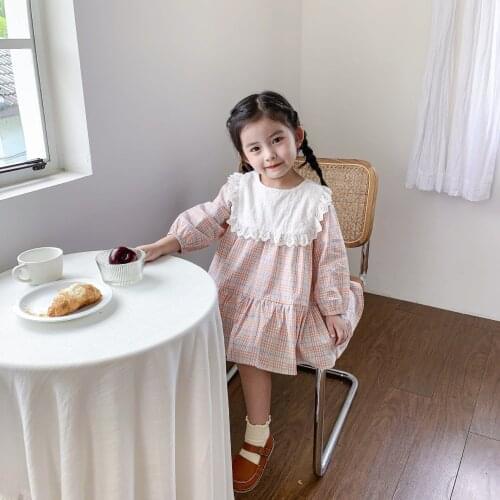 Baby Girl Dress Lace Stitching Plaid Kids Dresses for Girls 2020 New Arrival Little Girls Clothing Cotton Casual Toddler Dress