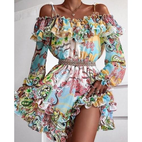 Women Print Dress Spaghetti Strap Long Sleeve Off Shoulder Ruffle Patchwork Mini Dresses Sexy Party Beach Style Female Clothing