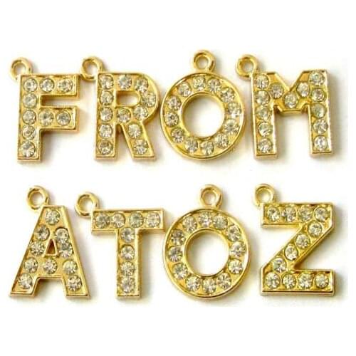 About 12mm A-Z rhinestones gold color hang letters pendant 130pcs/lot fit for diy necklace wristband keychains