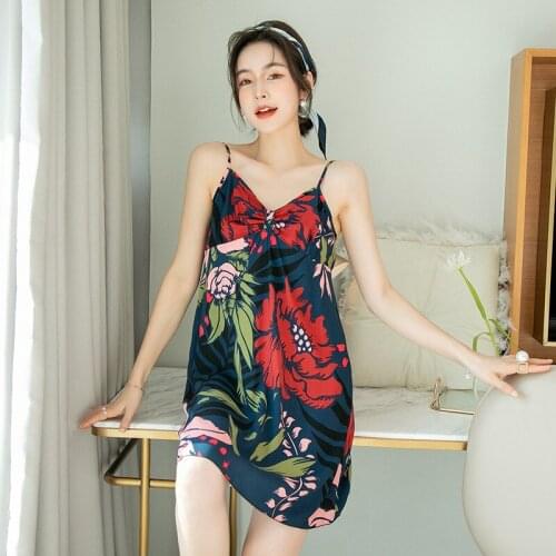 Dark Blue Flower Print Spaghetti Strap Nightgown Lady Sexy V-Neck Backless Nightdress Summer New Short Home Dress Cute Sleepwear