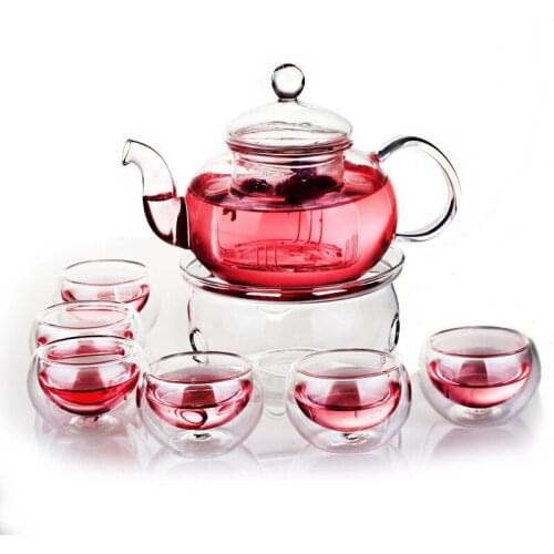 High quality heat-resistant glass teaset include 1teapot+6pcs cup+1pc heat warmer+surprise gift