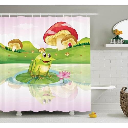 Animal Shower Curtain Illustration of Cute Frog On Water Lily with Mushrooms On The Nature Lake Art Print Bath Curtains