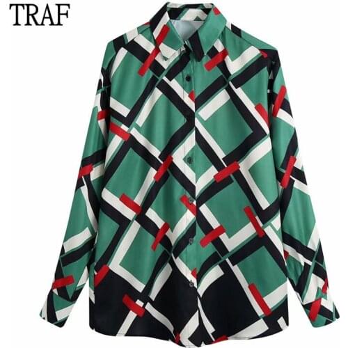 TRAF Za Women Shirt 2021 Fashion Loose Oversize Shirt Print Blouses Vintage Long Sleeve Button-up Female Shirts Blusas Chic Tops