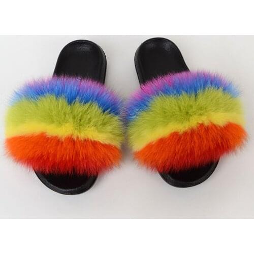 Real Fox Fur Slippers Women Fur Raccoon Fluffy Slippers Furry Summer Flat Sweet Ladies Shoes Large Fur Slides Free Shipping