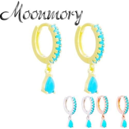 Moonmory 925 Sterling Silver Turquoise Water Drop Earring For Women Fashion Blue Green Stone Horse Eye Round Earring Jewelry