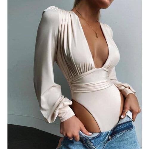 Long Puff Sleeve Skinny V-neck Bodysuit Women Winter Solid White Black Casual Body Femme Jumpsuit Sexy Top 2020 New Streetwear
