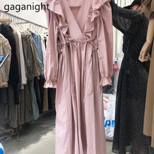 Gaganight Ruffles Women Spring Summer Maxi Dress Long Sleeve V Neck Solid Office Lady Chic Korean Dresses A Line Vestidos 2021