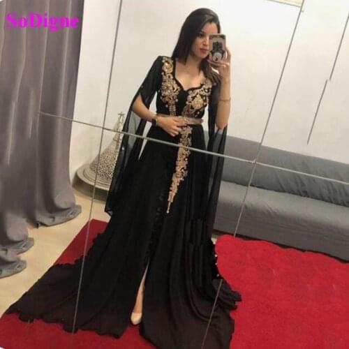 SoDigne Elegant Black Algeria caftan Evening Dresses V Neck Tull Long Sleeve Muslim Prom Dresses Moroccan Kaftan Formal Gowns
