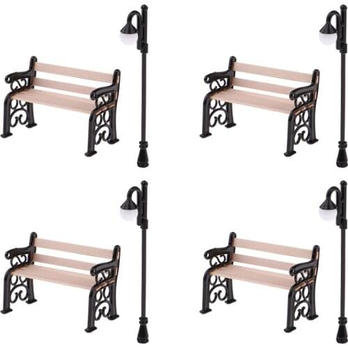 8pcs Miniature Park Bench Street Light Set for 1/12 Dollhouse Garden or Living Room Decor, Creating Colorful Life Scenes