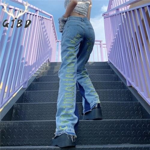 High Waist Women Jeans Streetwear Hip Hop Embroidery Baggy Vintage Wide Leg Pants Casual 2021 Summer Mom Straight Denim Trouser