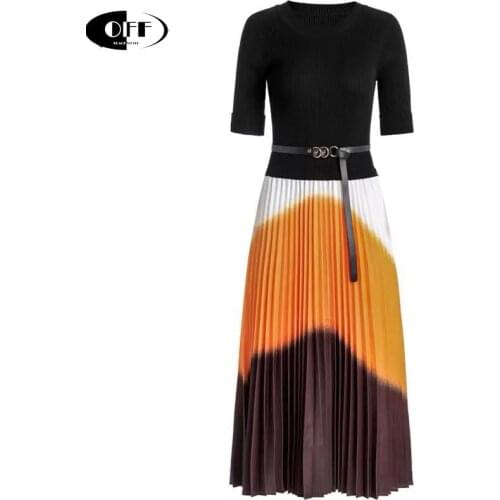 Elegant Vogue Color Pleated Knitted Midi Woman Dress Vintage Patchwork Knitting Tie Dye Party Night Dresses Female Plus Size 2XL