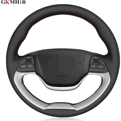 DIY Hand-stitched Black Artificial Leather Car Steering Wheel Cover For Kia Morning 2011-2016 Picanto 2012-2015