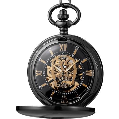 Retro Skull Pocket Watch Mechanical Hand Winding Steampunk Skeleton Watch Fob Chain Necklace Pendants Roman Numerals Dial Clock