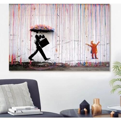 Canvas Painting Banksy Walking In The Rain Street Graffiti Wall Arton The Wall Posters and Prints for Living Room Decor Cuadros