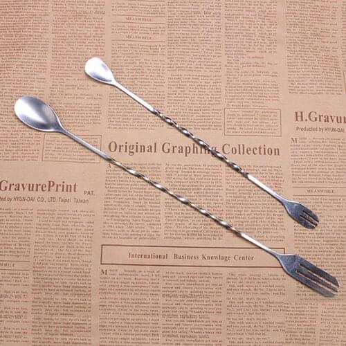 Stainless Steel Cocktail Spoon Long Handle Bar Spoon With Fork Twisted Shaker Drink Mixing Stir Spoon Kitchen Bar Tool