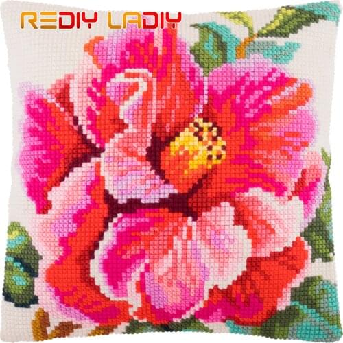 Cross Stitch Cushion Kits Hibiscus Pillow Case Pre-Printed Canvas Acrylic Chunky Yarn Needlepoint DIY Cross-stitch Arts & Crafts