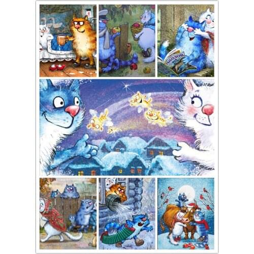 DIY Square Diamond Painting Cross Stitch Needlework Blue White Cat 5D Diamond Embroidery Diamond Mosaic Square Kits Home Decor
