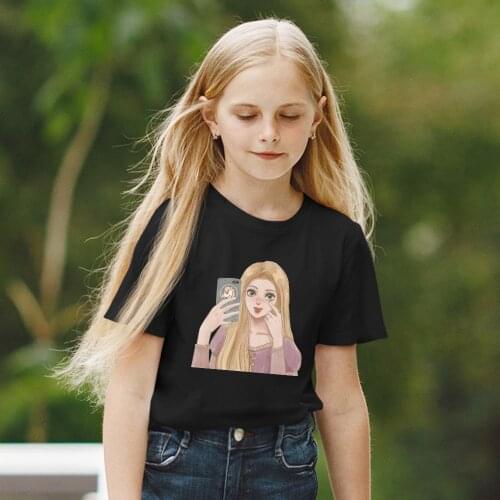Summer Fashion Disney Rapunzel Princess Selfie Graphic T Shirt Children Tops Base O-neck Tees Funny Harajuku Girls Black Tshirt