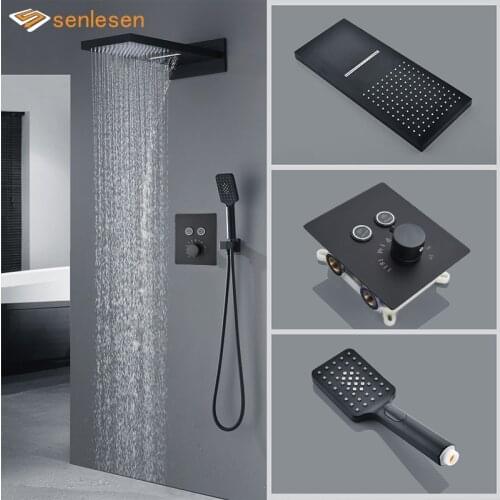Senlesen Matte Black Thermostatic Shower Faucet Valve Wall Mount Waterfall Rainfall Shower Head Concealed Bathroom Shower Sets