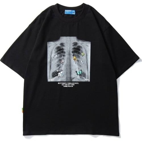 2020 Men Hip Hop T Shirt butterfly Picture Retro T-Shirt Streetwear Harajuku High Street Tshirt Oversized Summer Black WhiteTops