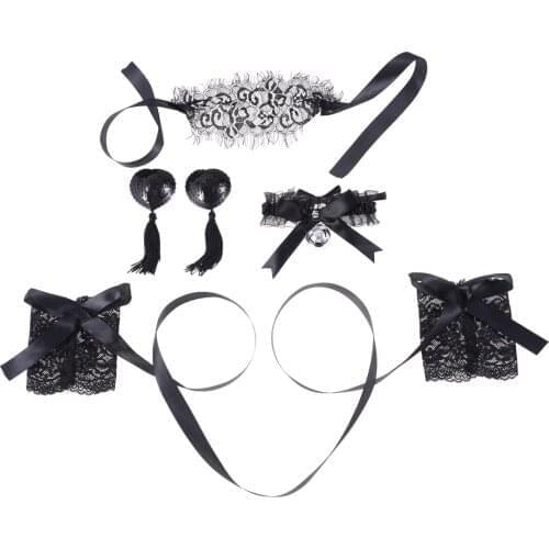Sexy Toys Kit Sex Lace Handcuffs Bondage Set Blindfold Bowknot Bell Collar Games Nipple Covers Sex Toys Couples Exotic Accessory