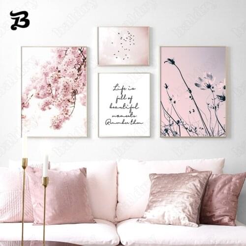 Pink Wall Art Canvas Painting Flowers Sky Sunset Pictures Scandinavian Poster Nordic Landscape Print for Living Room Decoration