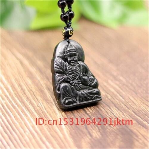 Natural Chinese Jewelry Jigong Buddha Charm Amulet Accessories Obsidian Jade Green Carved Necklace Black Pendant Gifts for Men