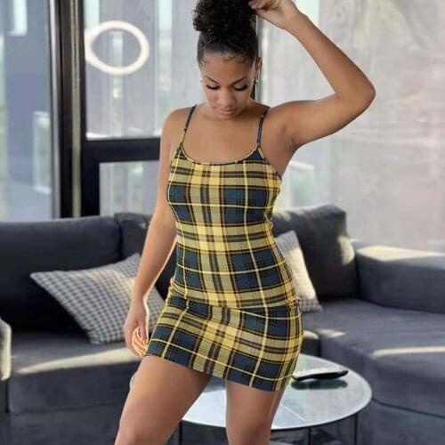 TNNAOFF Plaid print Bodycon Mini Dress for Women Club Vacation Outfits Summer Sexy sleeveless Strap Party Loungewear Dresses